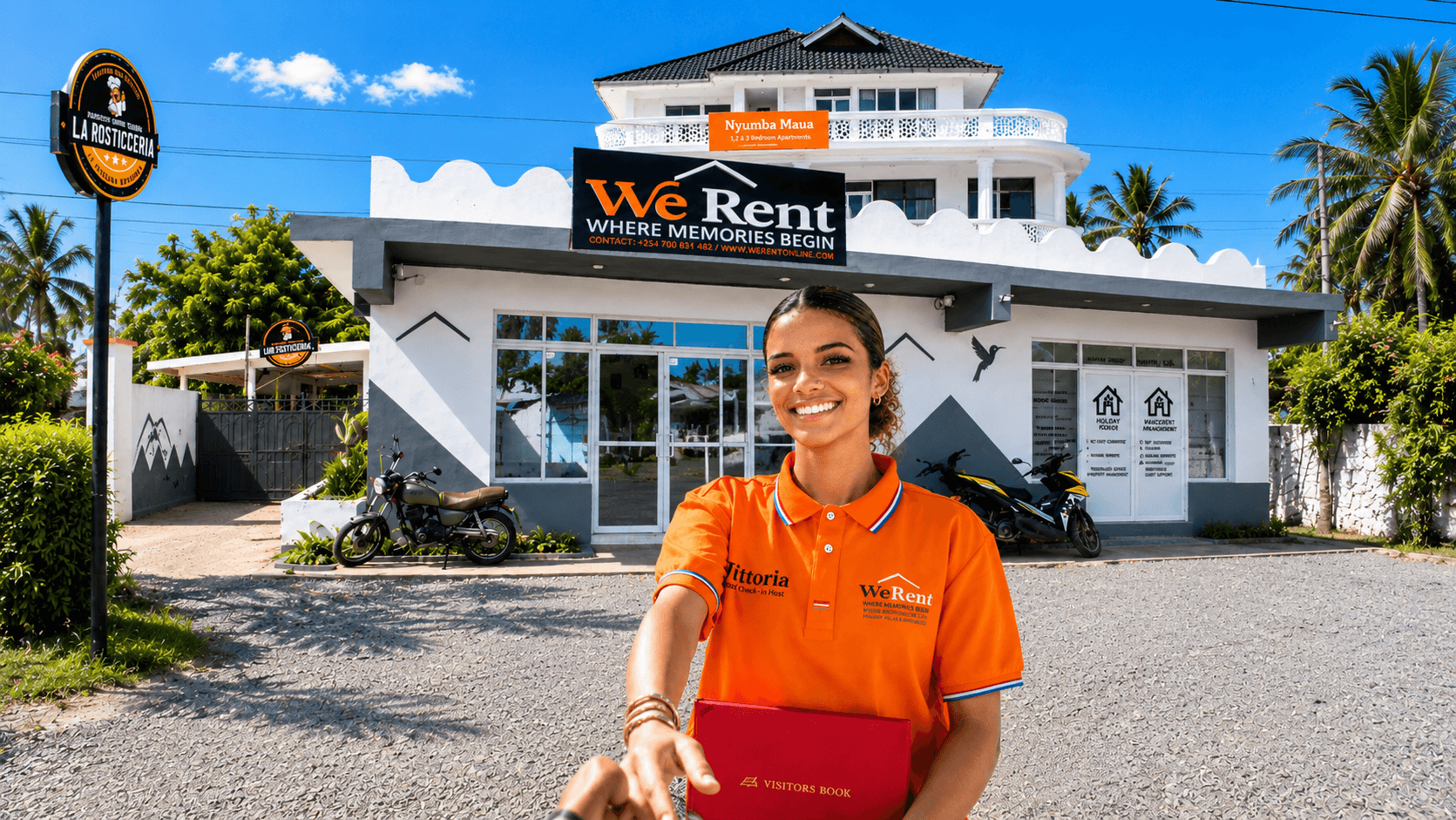 A WeRent team member welcoming guests outside the WeRent Watamu office