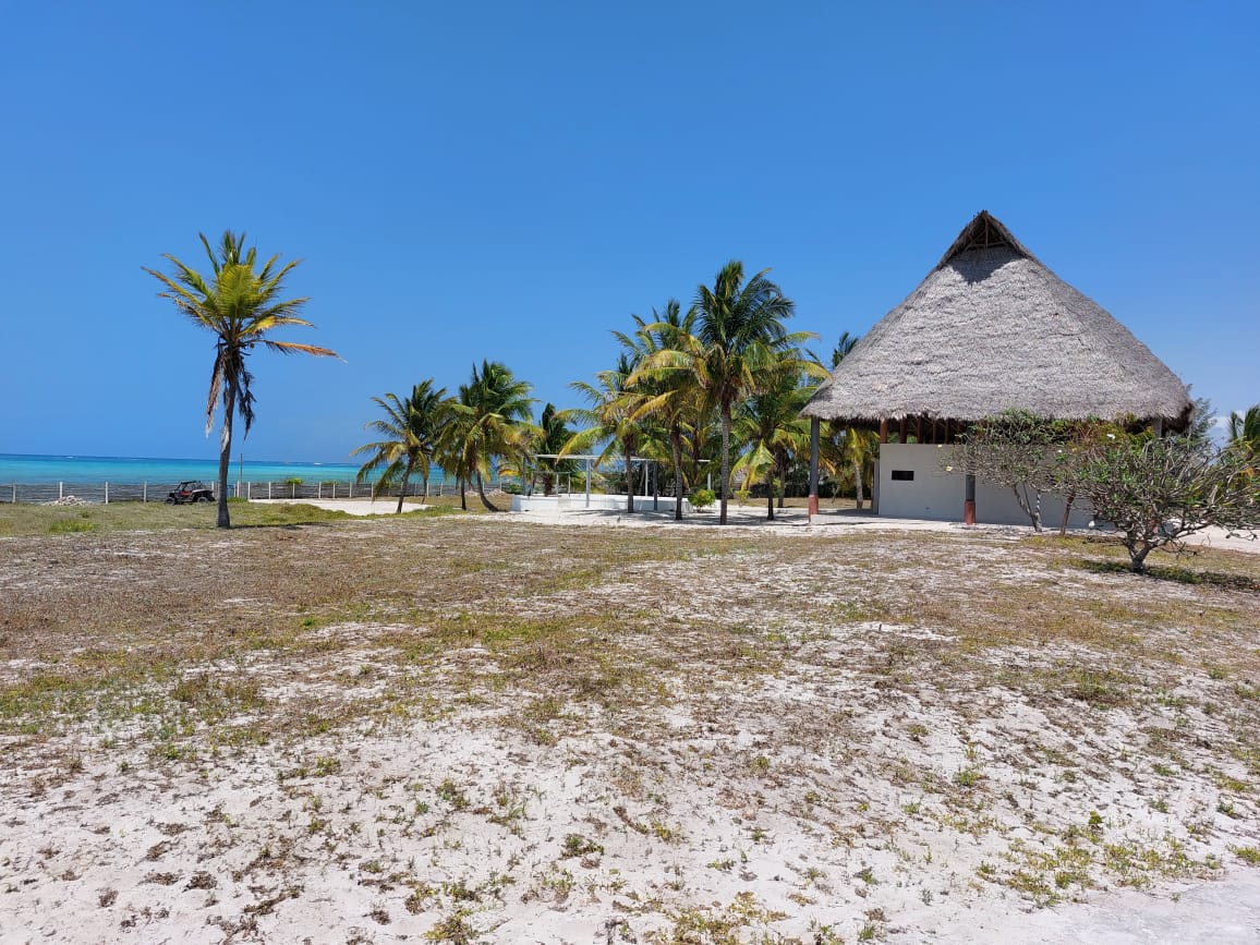 A beachfront plot with a thatched-roof building and palm trees in Watamu
